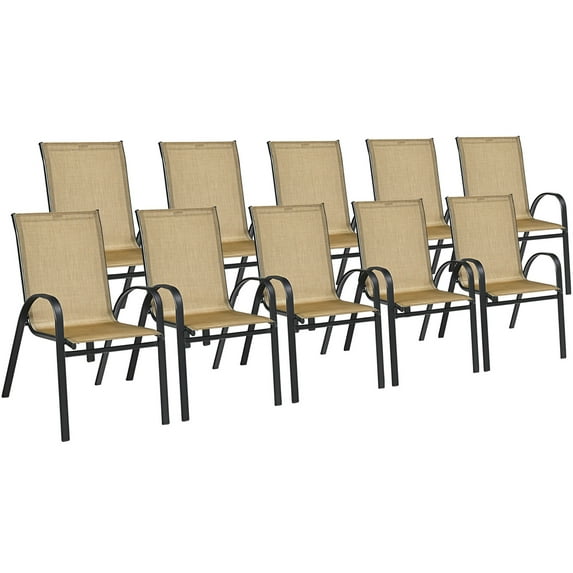 Costway Set of 10 Patio Stackable Dining Chairs Armrest Garden Deck Brown