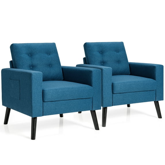 Costway Set of 2 Accent Armchairs Upholstered Single Sofa Chairs w/ 2-Side Pockets Navy