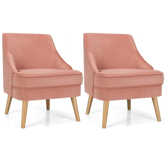 Costway Set of 2 Accent Chairs Velvet Single Sofa Chair w/Rubber Wood Legs Pink