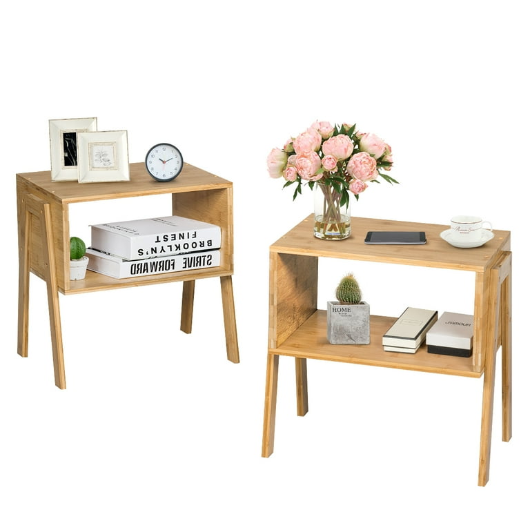 Costway 2pcs Bamboo Side Night End Bed Stands - Stackable Sofa