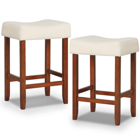 Costway Set of 2 Bar Stools Counter Height Saddle Kitchen Chairs with Wooden Legs  Off-White + Brown