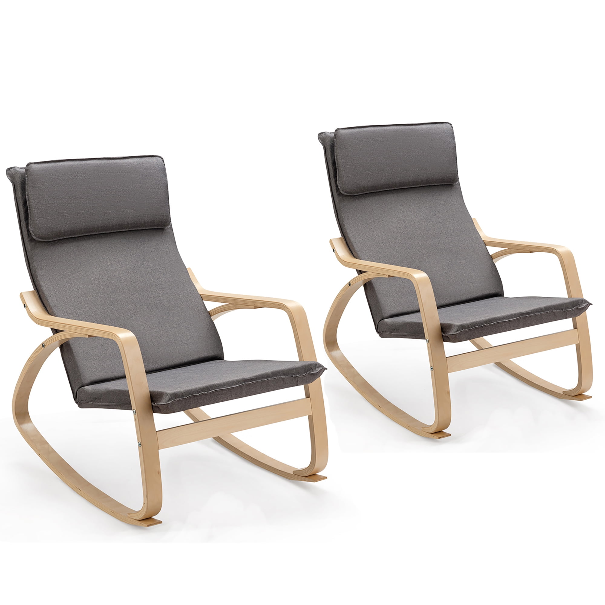 Set of 2 Gray Foam Cushioned Bentwood Rocking Armchairs
