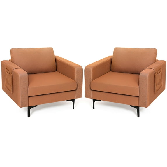 Costway Set of 2 Fabric Accent Armchair Single Sofa w/ Side Storage Pocket Orange