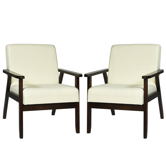 Costway Set of 2 Fabric Accent Armchair Solid Wood Upholstered Lounge Chair Beige