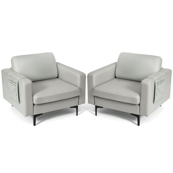 Costway Set of 2 Leathaire Accent Armchair Single Sofa with Side Storage Pocket Light Grey