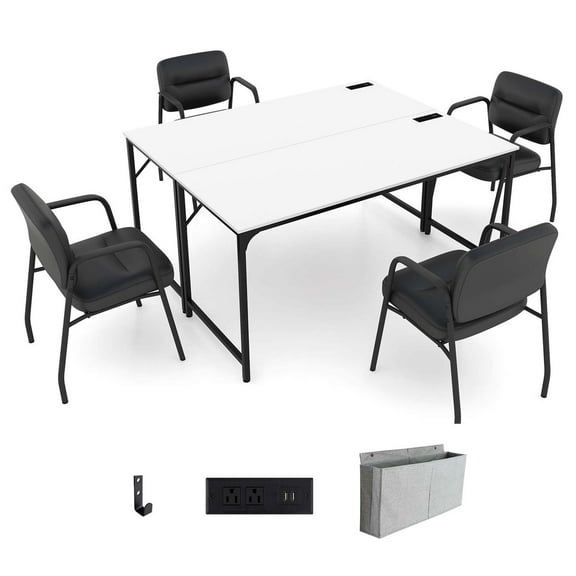 Costway Set of 2 Meeting Room Desk with Charging Station & Headphone Hook Metal Frame White
