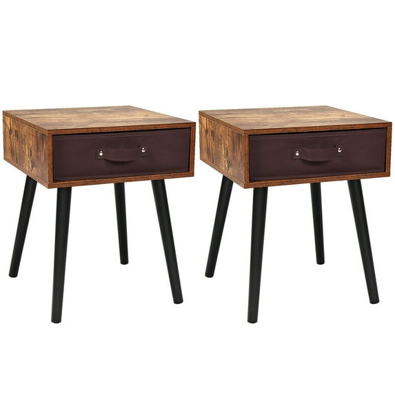Costway Set of 2 Mid-Century Accent Bedside Table W/ Drawer Rustic Brown