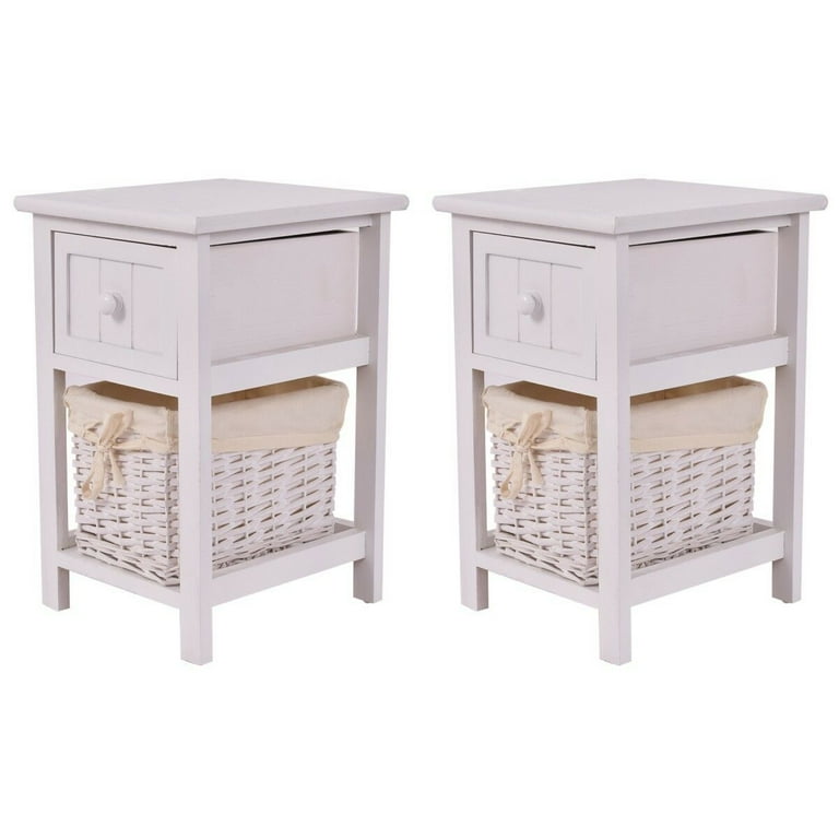 Costway Set of 2 Mini Night Stand 2 Layer 1 Drawer Bedside End Table Organizer Wood W Basket