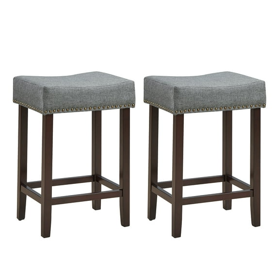 Costway Set of 2 Nailhead Saddle Bar Stools 24'' Height W/ Fabric Seat & Wood Legs Beige Gray Linen