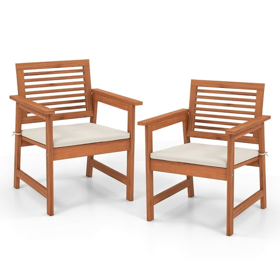Costway Set of 2 Outdoor Dining Chair Patio Solid Wood Chairs with Comfortable Cushions
