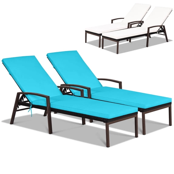 Costway Set of 2 Patio Rattan Chaise Lounge Chair Outdoor Reclining Chaise Sun Lounger Turquoise