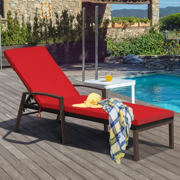 Costway Set of 2 Patio Rattan Chaise Lounge Chair Outdoor Reclining Chaise Sun Lounger Red