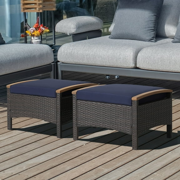 Costway Set of 2 Patio Rattan Ottoman Footrest Cushions Wooden Handle Navy