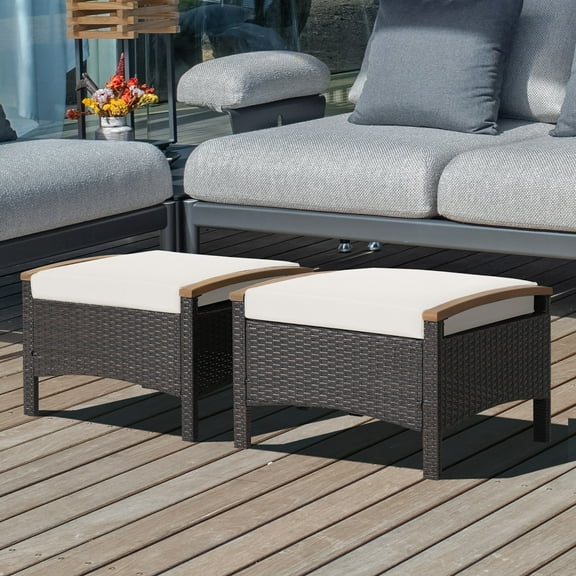 Costway Set of 2 Patio Rattan Ottoman Footrest Cushions Wooden Handle Off White