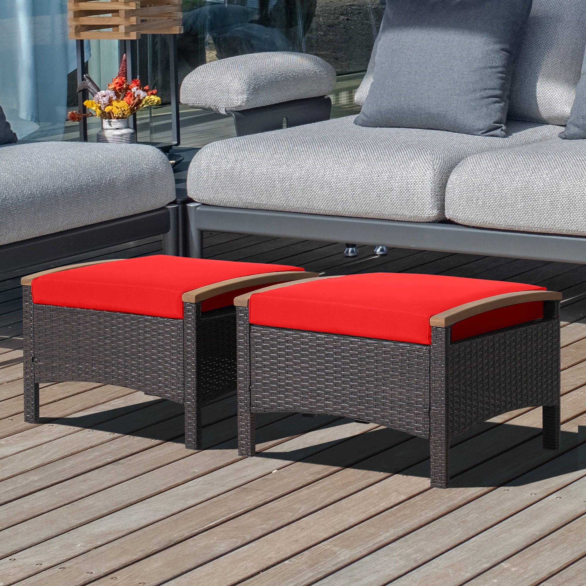 Costway Set of 2 Patio Rattan Ottoman Footrest Cushions Wooden