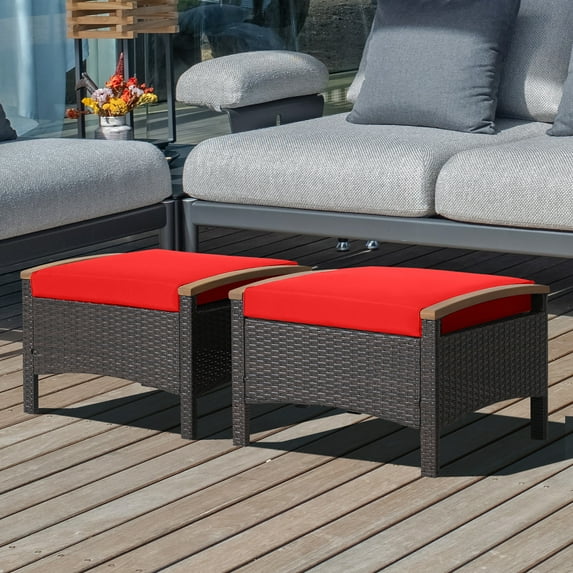 Costway Set of 2 Patio Rattan Ottoman Footrest Cushions Wooden Handle Red