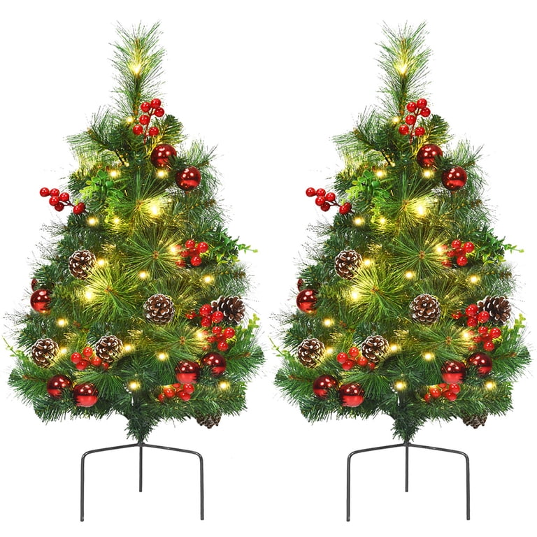 Costway 24in Pre-lit Christmas Trees Set of 2, LED Lawn Light