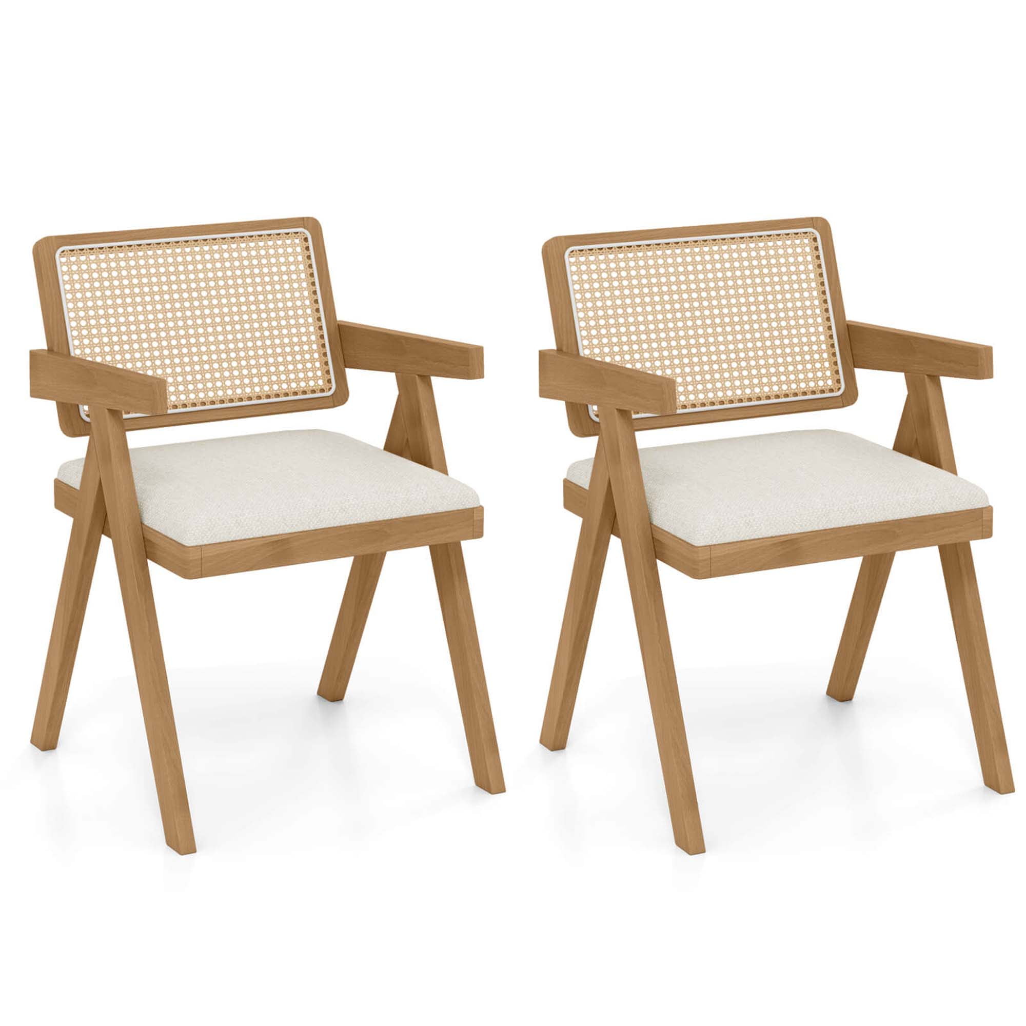 Set of 2 White Rattan and Cane Side Chairs with Rubber Wood Frame