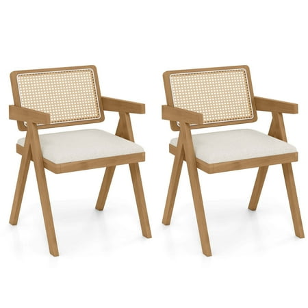 Costway - Set of 2 Rattan Accent Chairs Leathaire Dining Chairs Modern Living Room Chairs - White + Natural
