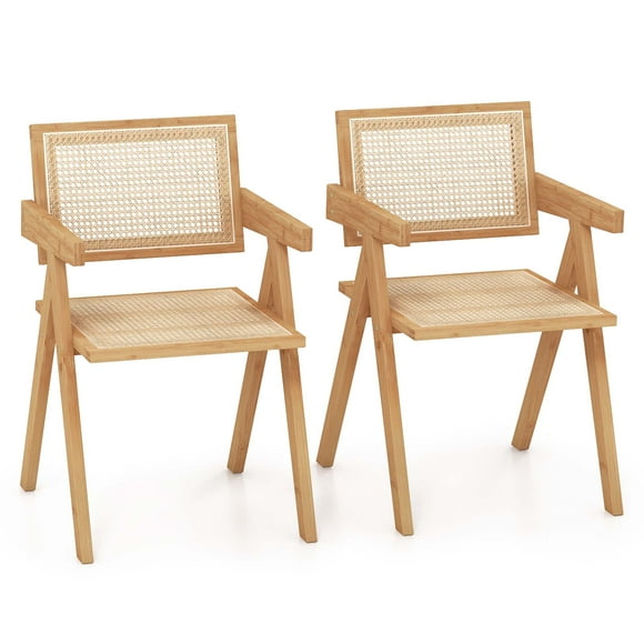 Costway Set of 2 Rattan Accent Chairs Mid Century Dining Armchair Bamboo Frame Kitchen Natural
