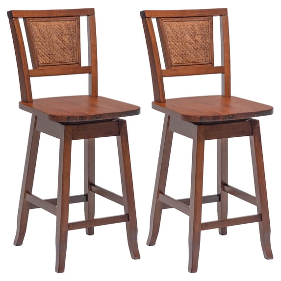 Costway Set of 2 Swivel Bar Stools Counter Height Rubber Wood Pub Chairs w/ Rattan Back Brown