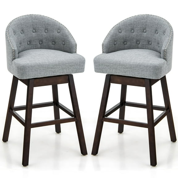 Costway Set of 2 Swivel Bar Stools Tufted Bar Height Pub Chairs with Rubber Wood Legs Grey