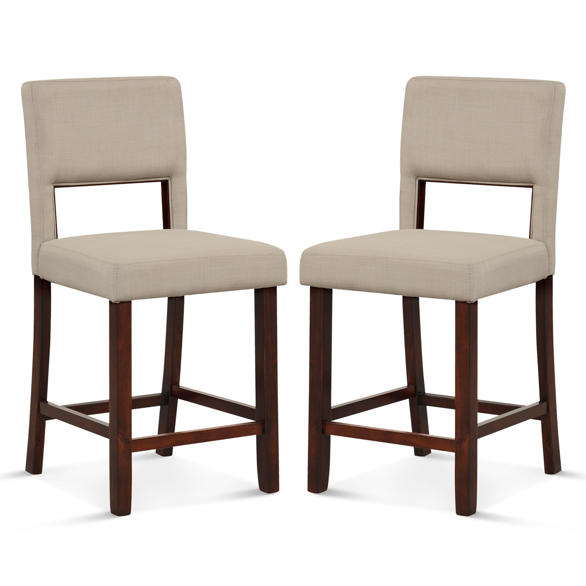 Beige Upholstered Linen Bar Stools with Wooden Legs, Set of 2