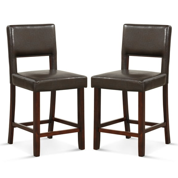 Costway Set of 2 Upholstered PVC Leather Bar Stools 24.5'' Dining Chairs with Back Brown