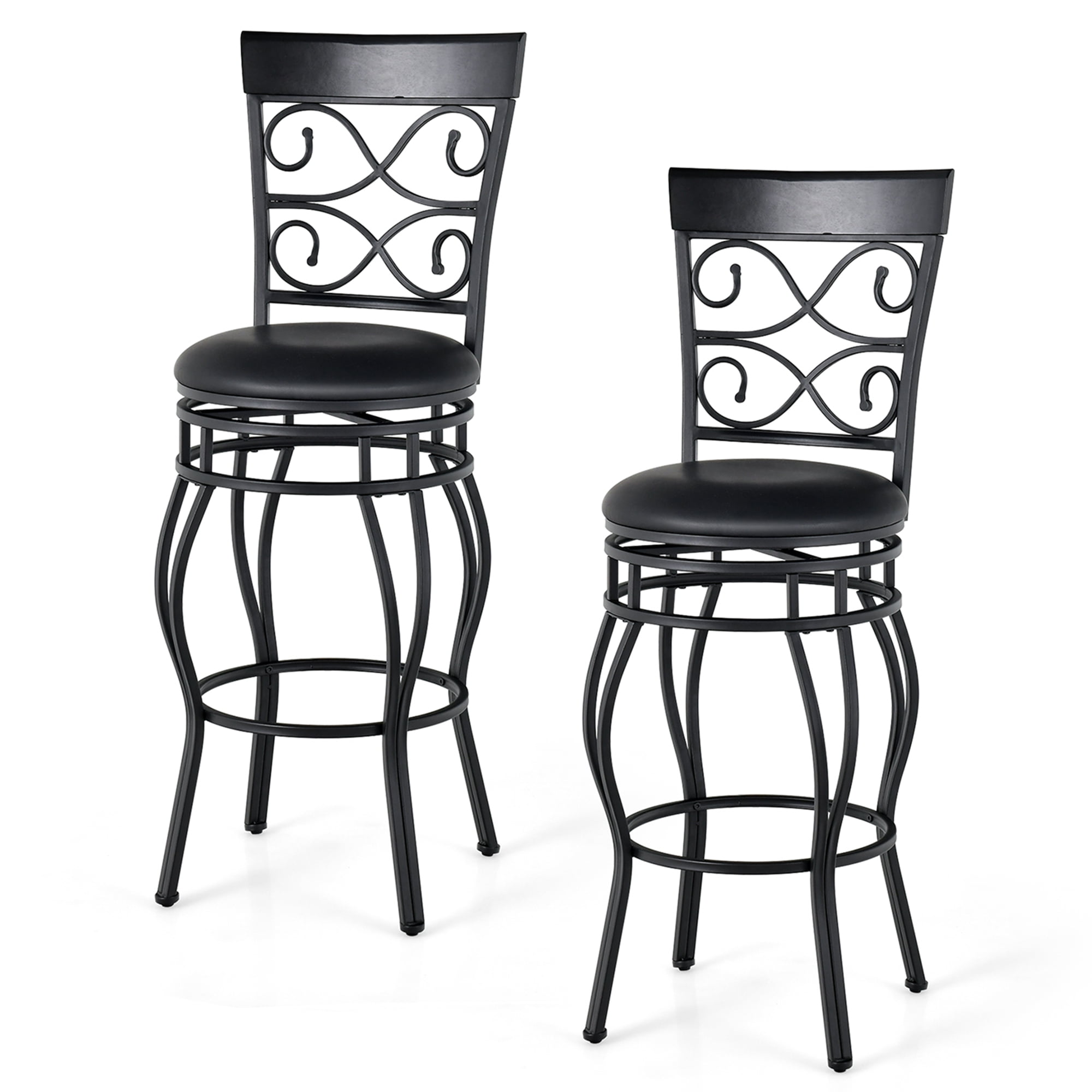 Set of 2 Black Metal Swivel Bar Stools with Upholstered Seats