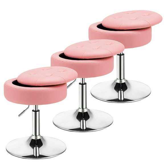 Costway Set of 3 Adjustable Vanity Stool 360° Swivel Storage Makeup Chair with  Tray Pink