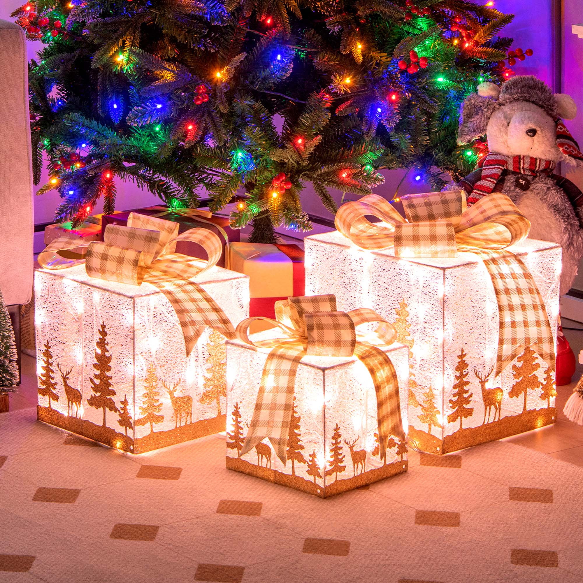 XBSXP Gift Boxes Christmas Luminous Gift Box, With Luminous Power Supply,  Three-Piece Iron Set, Holiday Decoration Gift Box, Christmas Tree Scene