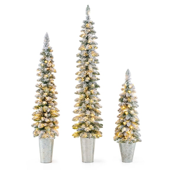 Costway Set of 3 Pre-Lit Snow Flocked Artificial Christmas Trees Decoration 3, 4, 5 FT