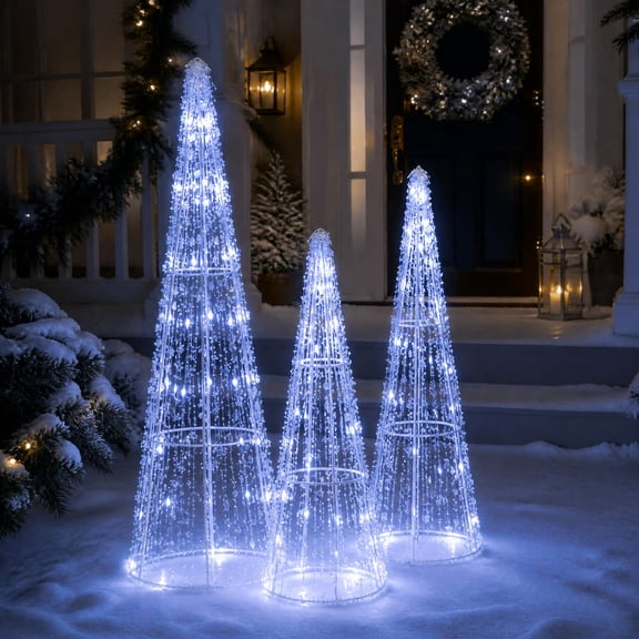 Costway Set of 3 Pre-lit Christmas Cone Trees with Star Strings, 90 Cold White LED Lights Cold White