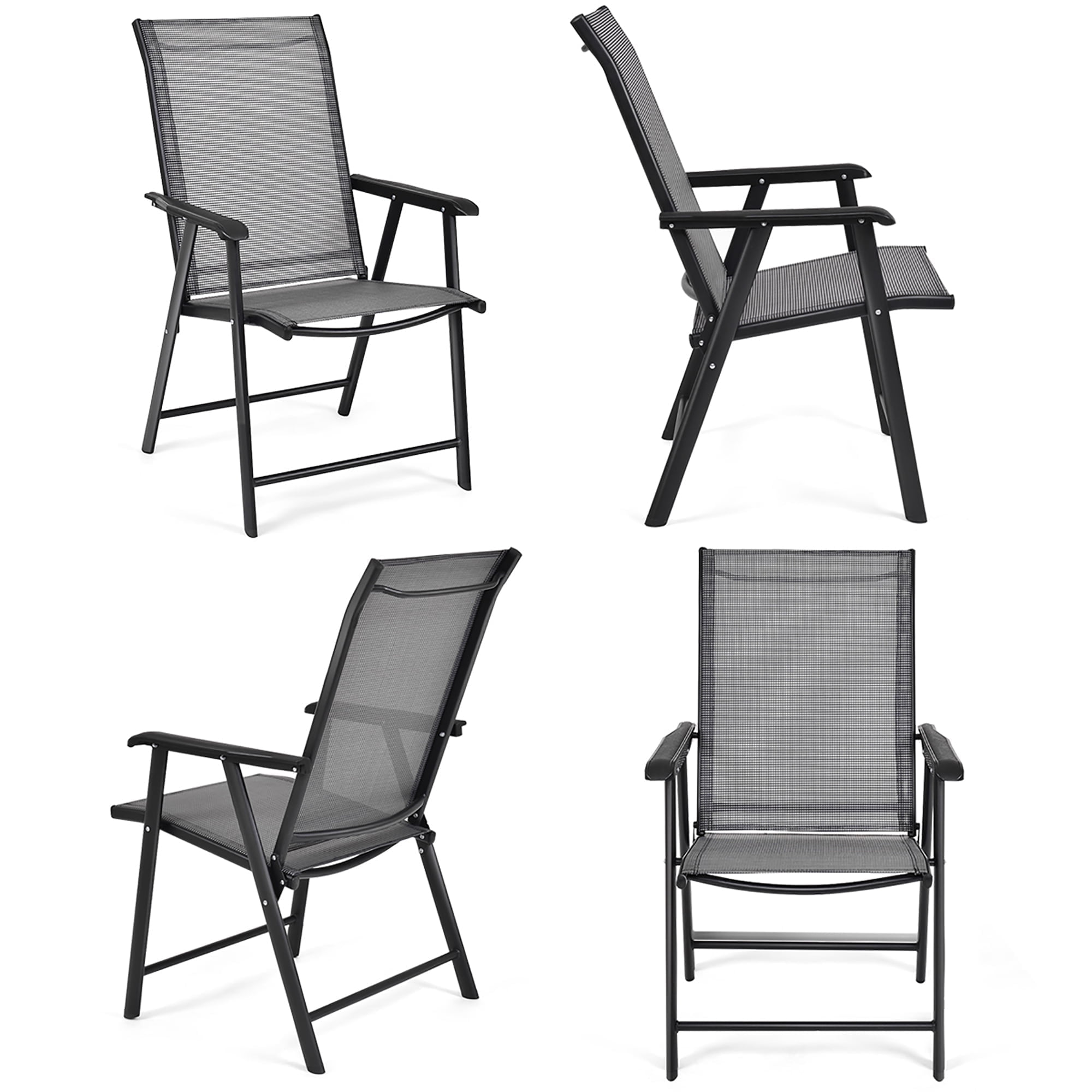 Costway Set of 4 Outdoor Patio Folding Chairs Camping Deck Garden Pool Beach W/Armrest,Steel frame and Textilene