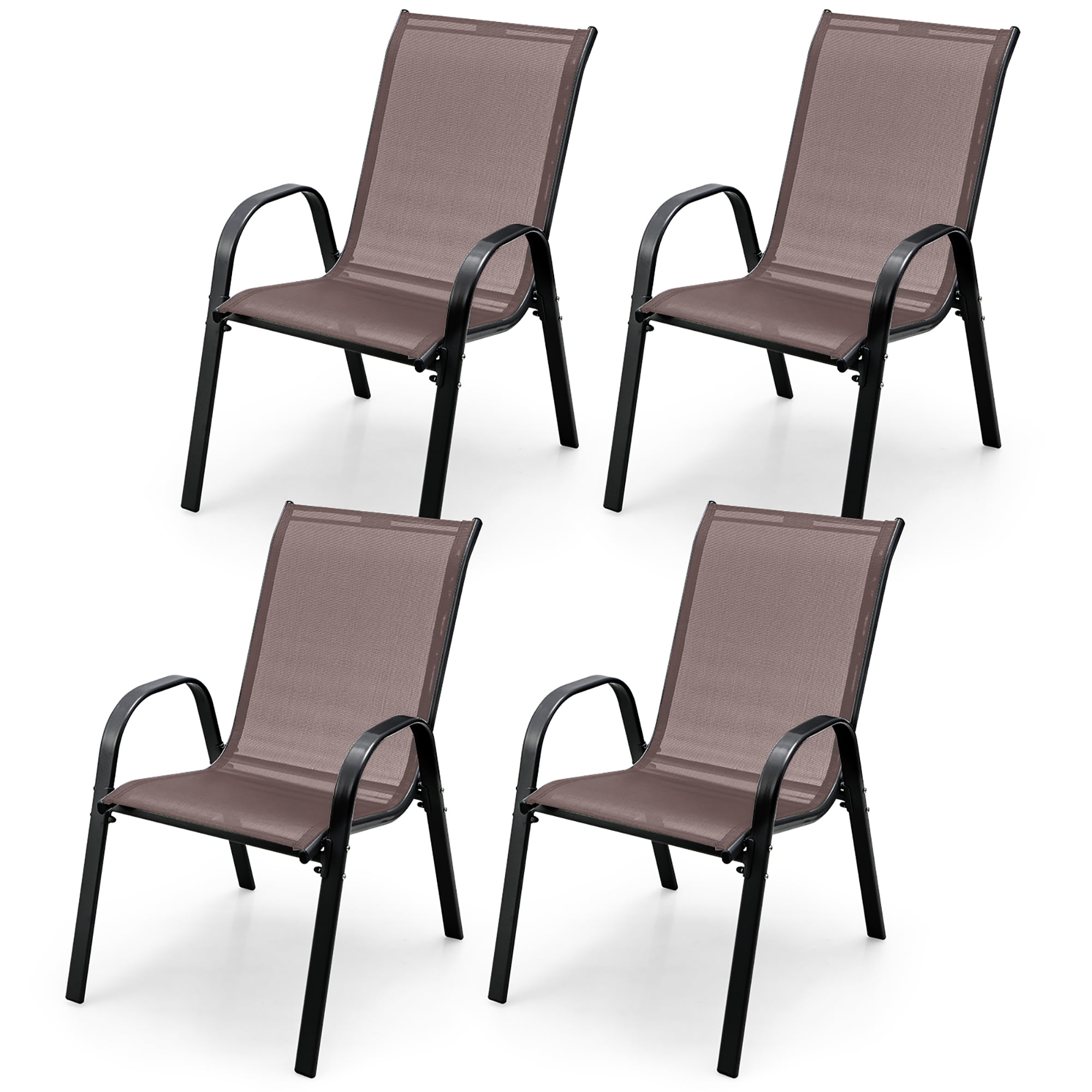 Costway Set of 4 Patio Dining Chairs Stackable Armrest Space Saving Garden Black & Brown