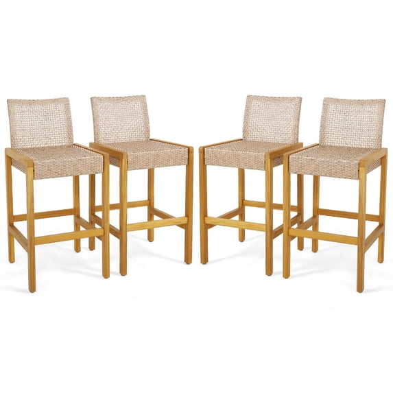 Costway Set of 4 Patio Wood Barstools Rattan Bar Height Chairs with Backrest Porch Balcony