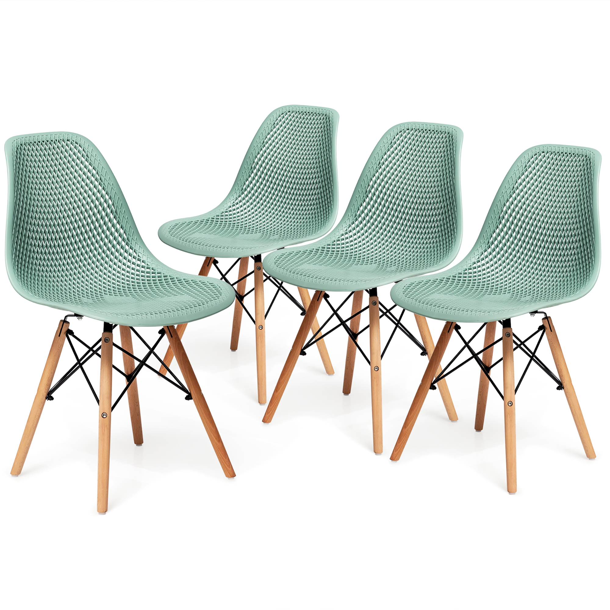 Costway Set of 4 Plastic Hollow Out Chair Mid Century Modern Wood-Leg Seat Green