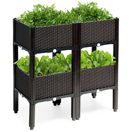 Costway Set of 4 Raised Garden Bed Elevated Flower Vegetable Herb Grow Planter Box - Brown + Black