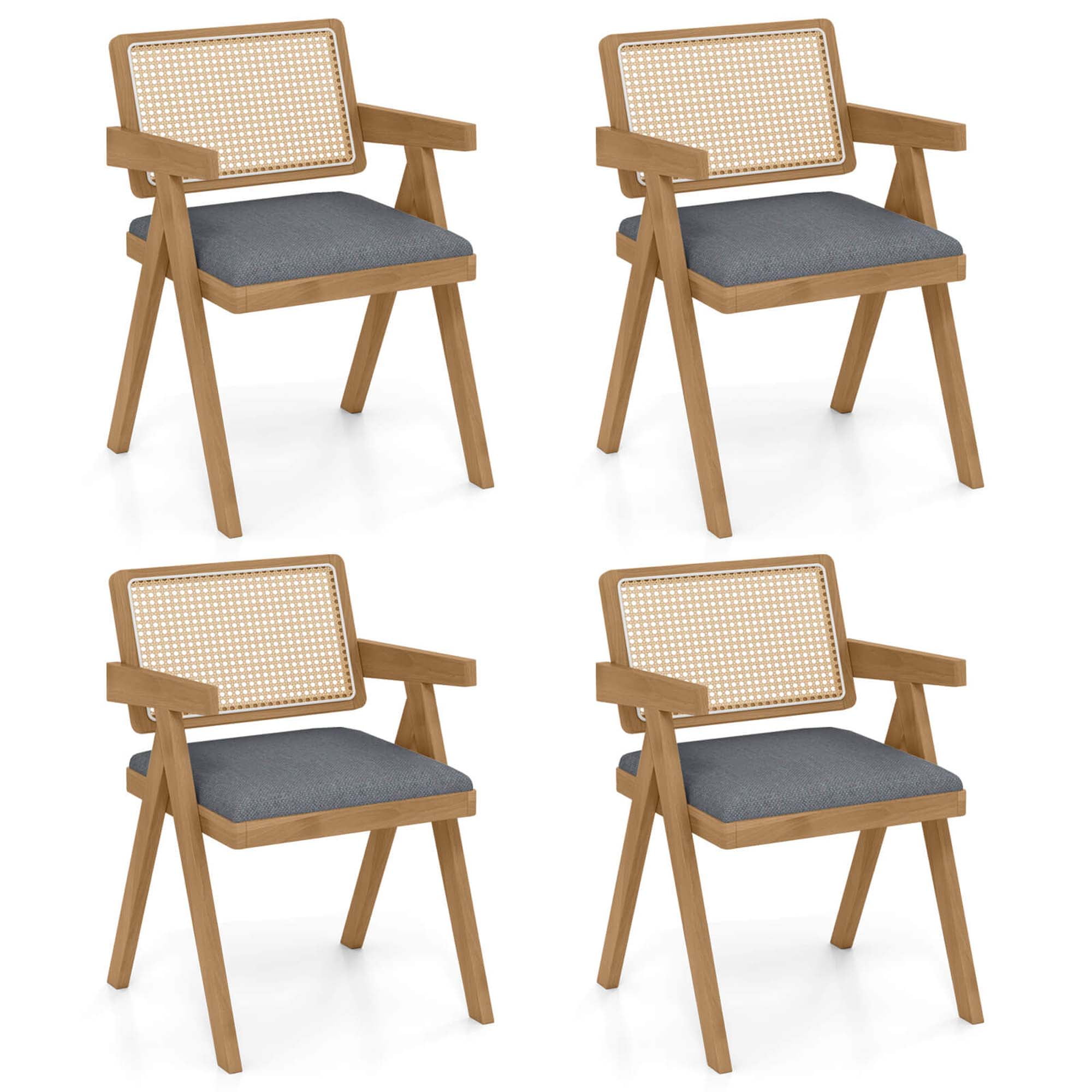 Gray Rattan and Cane Side Chair Set with Rubber Wood Frame