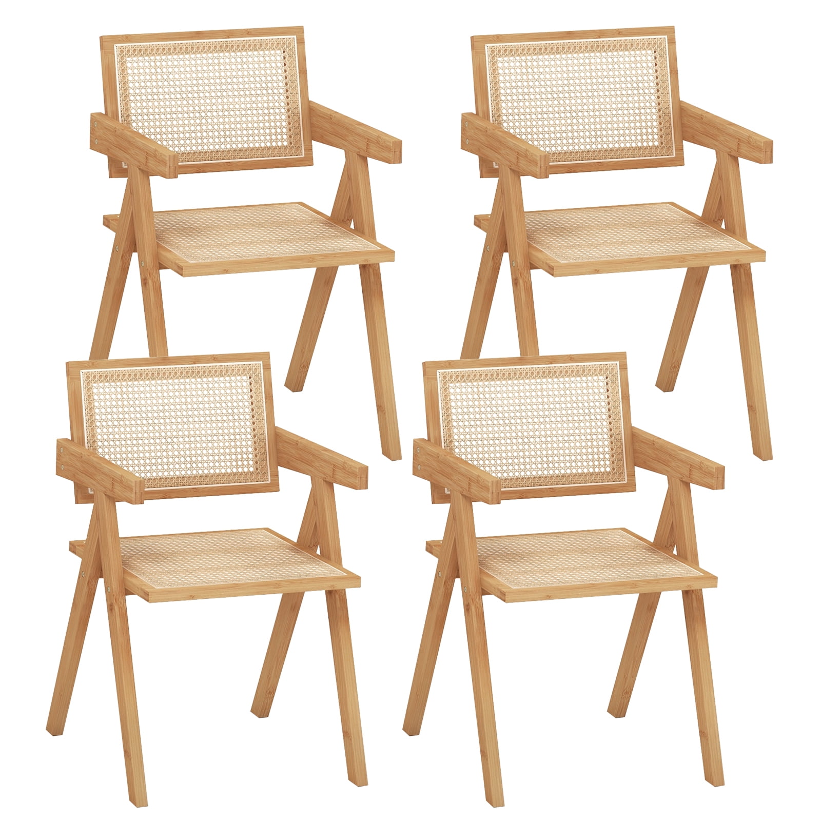 Costway Set of 4 Rattan Accent Chairs Mid Century Dining Armchair Bamboo Frame Kitchen Natural