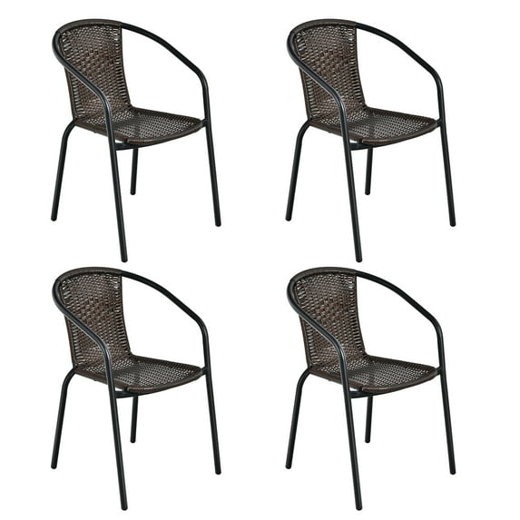 Costway Set of 4 Rattan Dining Stack Chair Armrest Indoor &Outdoor Brown