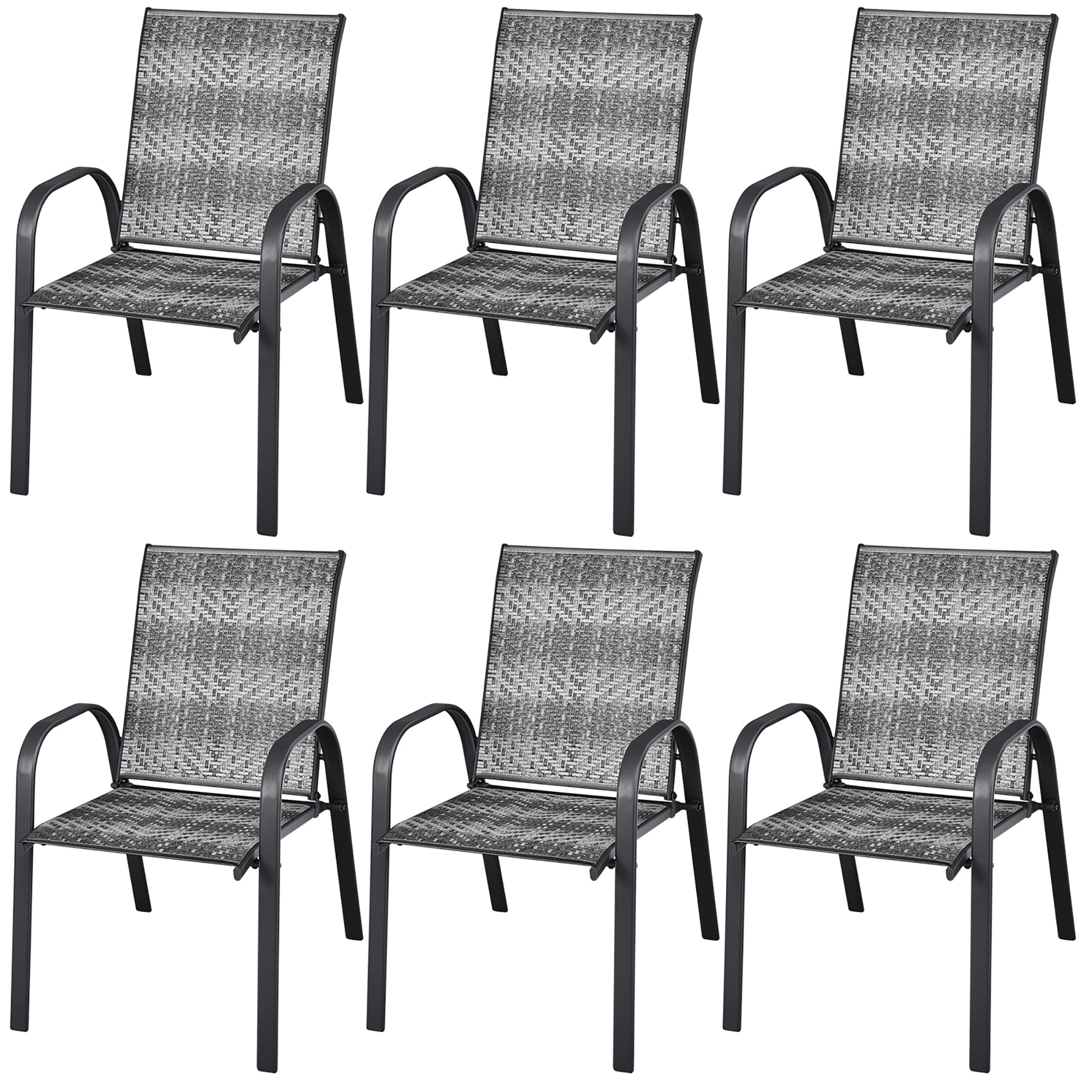 Costway Set of 6 Patio Rattan Dining Chairs Stackable Armrest Garden Mix Gray