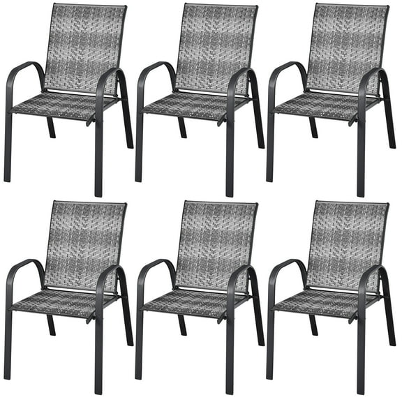 Costway Set of 6 Patio Rattan Dining Chairs Stackable Armrest Garden Mix Gray