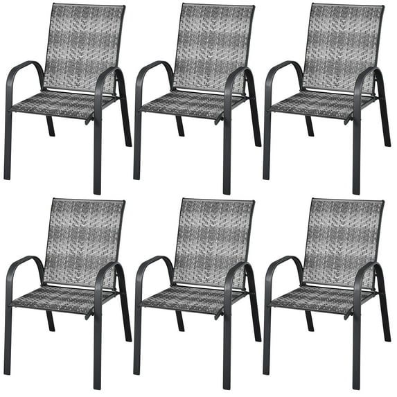 Costway Set of 6 Patio Rattan Dining Chairs Stackable Armrest Garden Mix Gray
