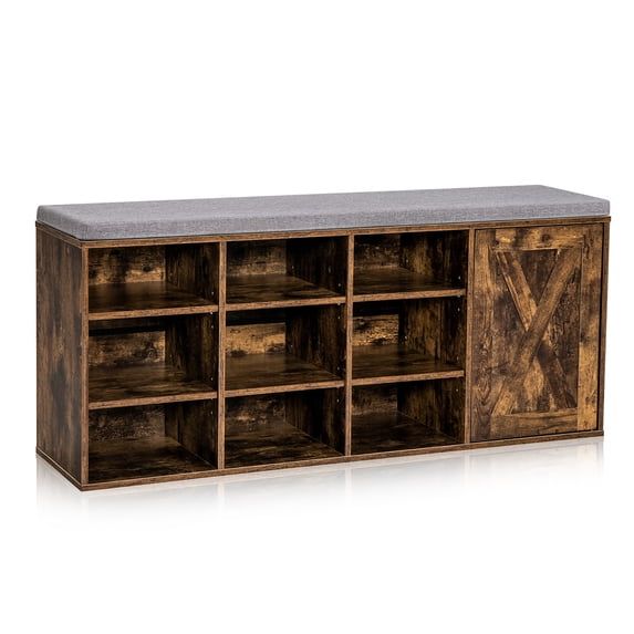 Costway Shoe Bench w/Padded Cushion 9-cube Adjustable Storage Shoe Rack Rustic Brown