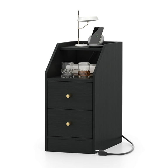 Costway Side Table with Charging Station, Storage Drawers, Sofa Couch Table for Small Space Black