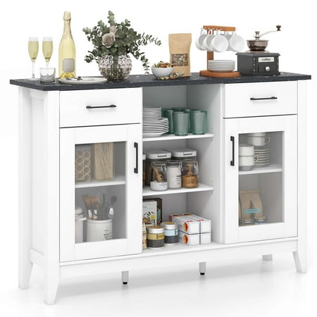 Costway Sideboard Buffet Cabinet with 2 Drawers 2 Doors 3 Open Compartments 4 Shelves - White