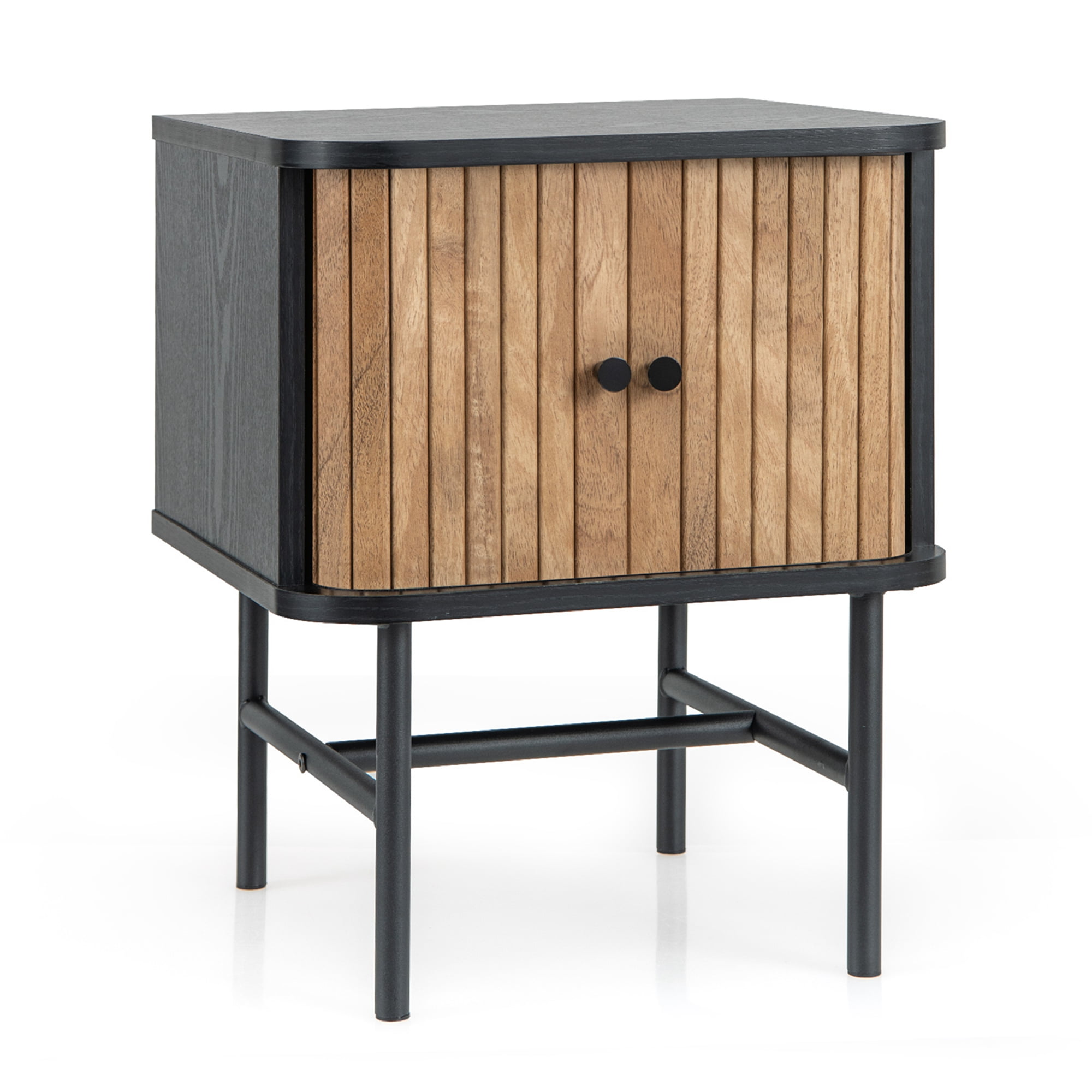 Black and Natural Wood Mid-Century Modern Nightstand with Sliding Doors