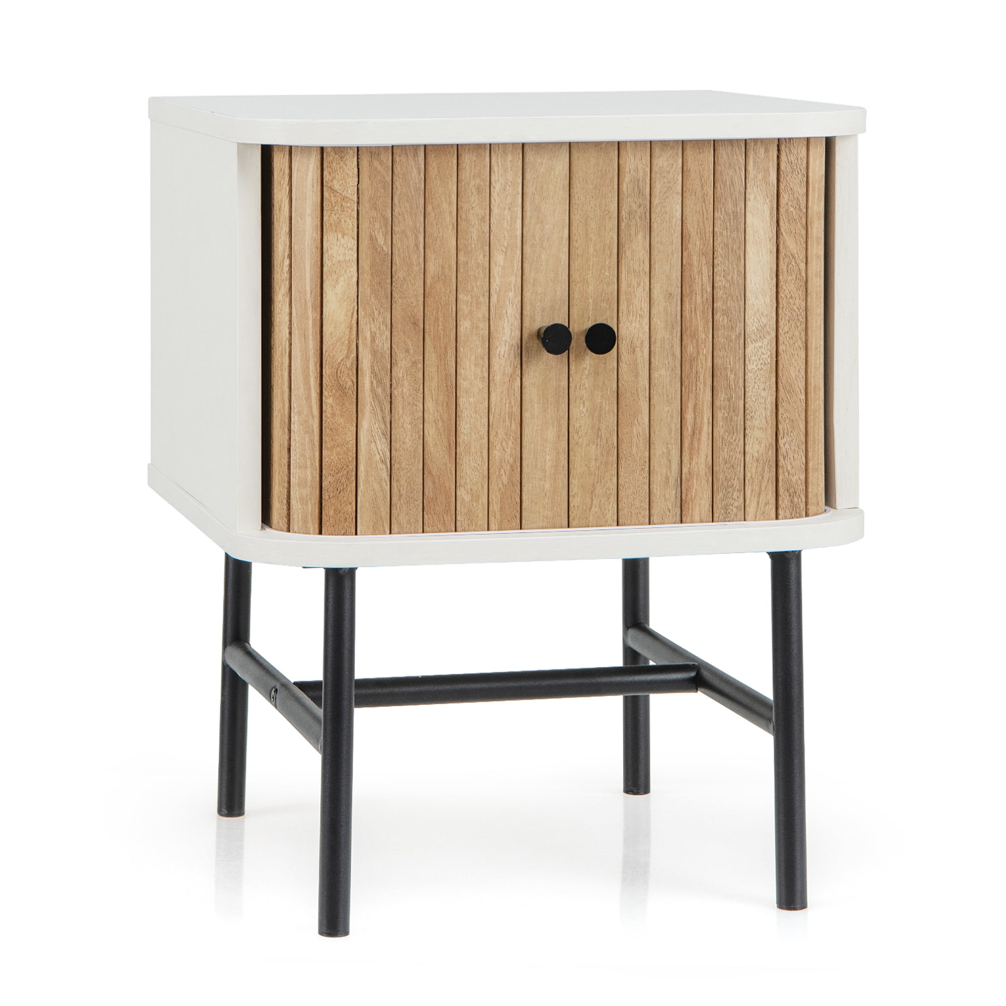 Distressed White and Natural Wood Mid-century Modern Nightstand with Sliding Doors
