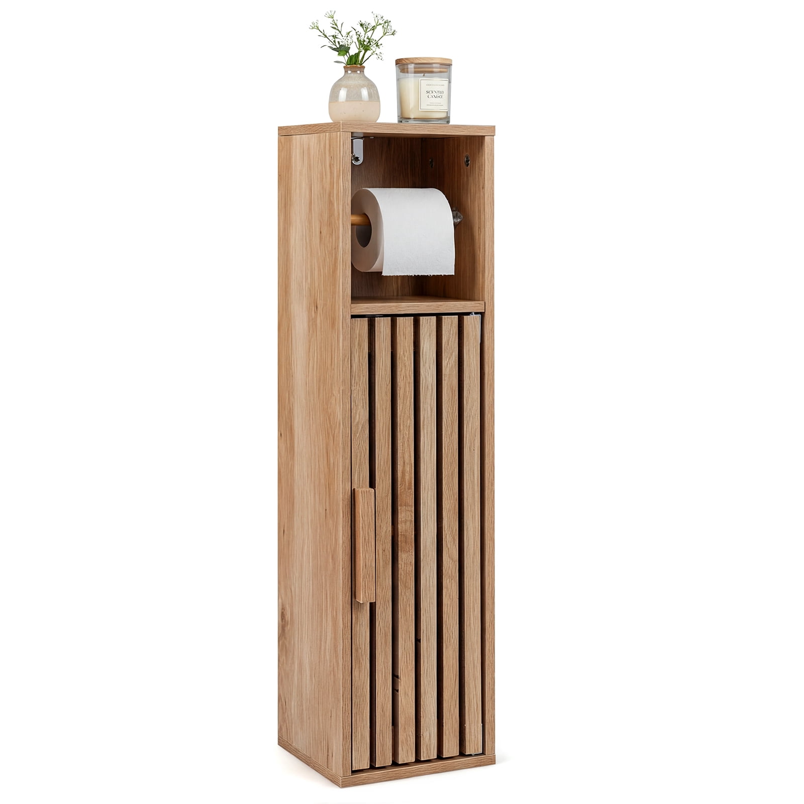 Costway Slim Bathroom Cabinets, Freestanding Toilet Paper Holder Stand with Door,Natural